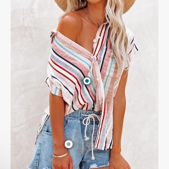 Womens Button Down Shirts Short Sleeve Summer Linen V Neck Collared Stripes - Picture 2 of 3